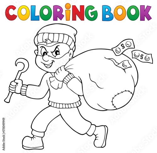 Coloring book thief with bag of money
