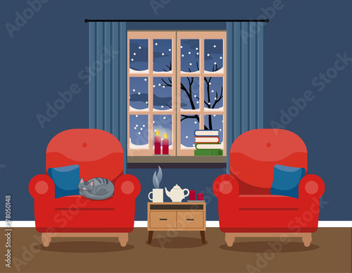 Cozy living interior Christmas style with red chairs, vector illustration