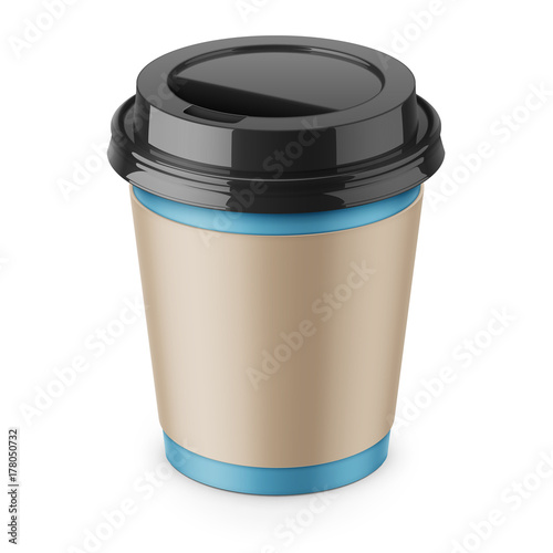 Disposable paper coffee cup with lid and sleeve.