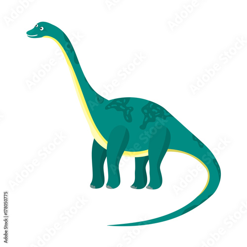 Cute cartoon flat blue or green high diplodocus character. Vector isolated dinosaur with long neck and tail, illustration for kids book, app, advertisement design, label or sticker