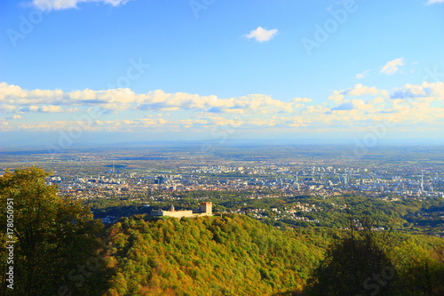 Panoramic view from Medvednica mountain to Medvedgrad and Zagreb, Croatia