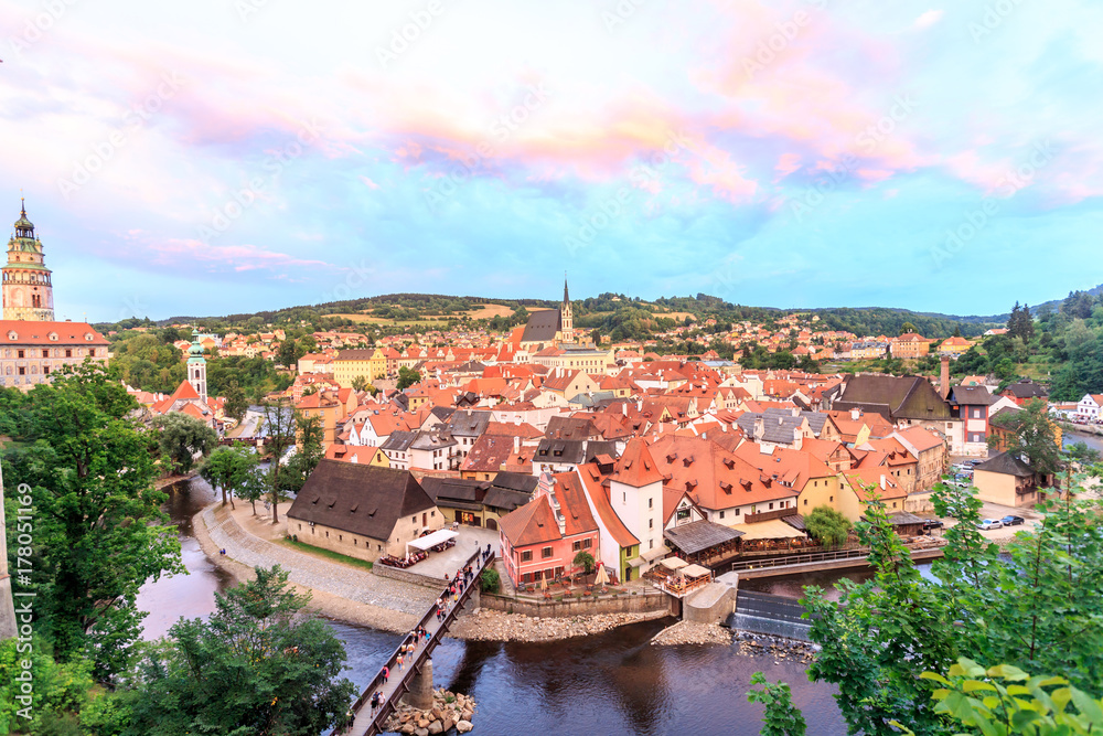 Top view Cesky Krumlov Castle with Tower in sunset