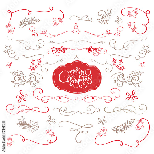 Winter set of decorative calligraphic elements Merry Christmas, dividers and new year ornaments for page decor. Vector lettering