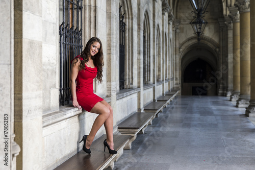 Photography Young brunette woman wearing red dress