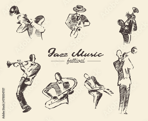 Set man playing trumpet vintage hand drawn sketch