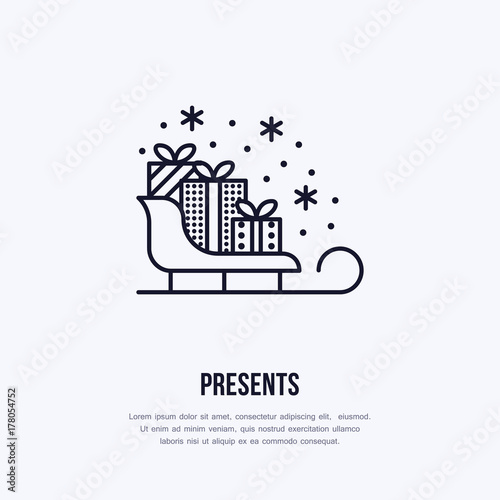 Christmas gifts on sleigh, new year presents packaging flat line icons Winter holidays vector illustration, sign for celebration party.