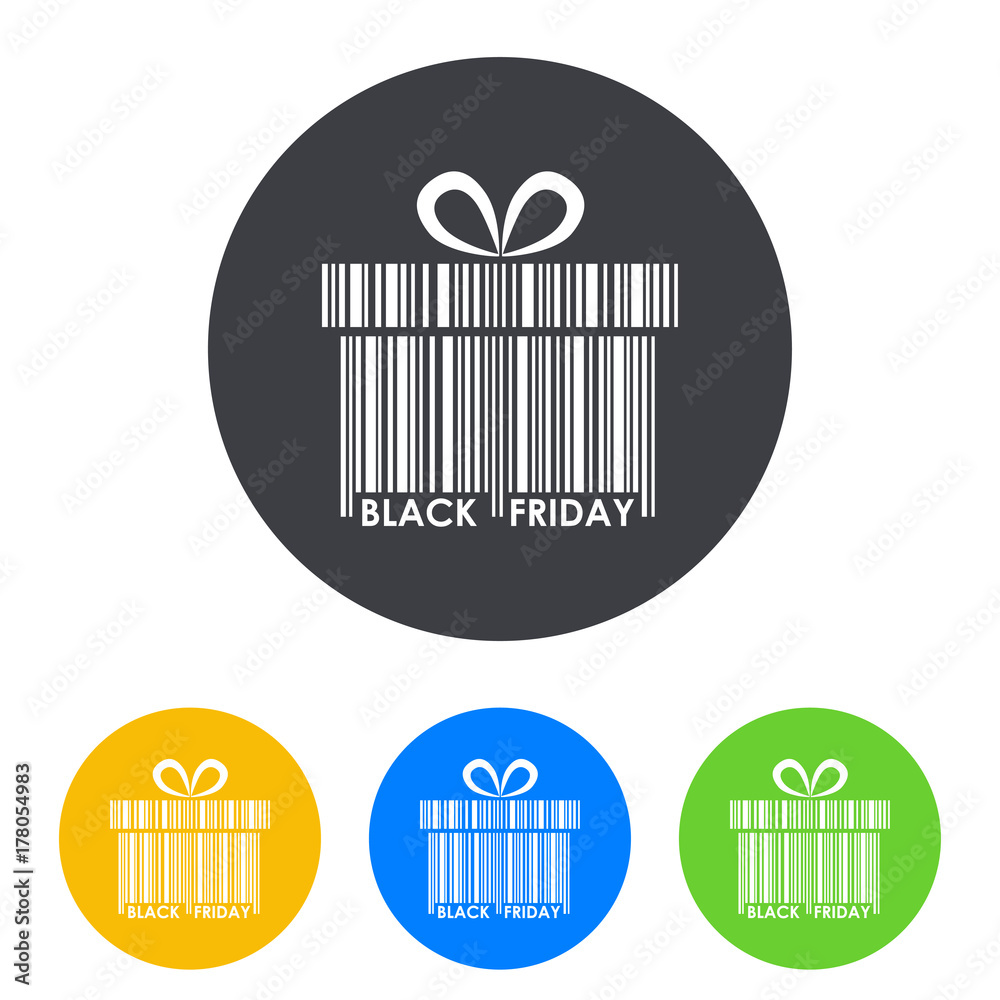 Icono plano codigo de barras regalo BLACK FRIDAY en circulo varios colores Icono plano codigo de barras regalo BLACK FRIDAY en circulo varios colores