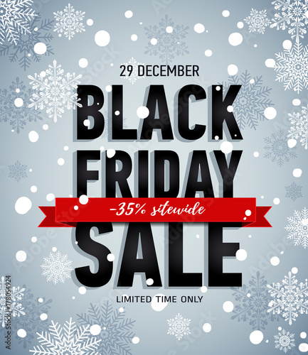 Black friday sale banner with red ribbon.Winter snowy poster.Online shopping. Trendy sale banner. Discount 35 sitewide