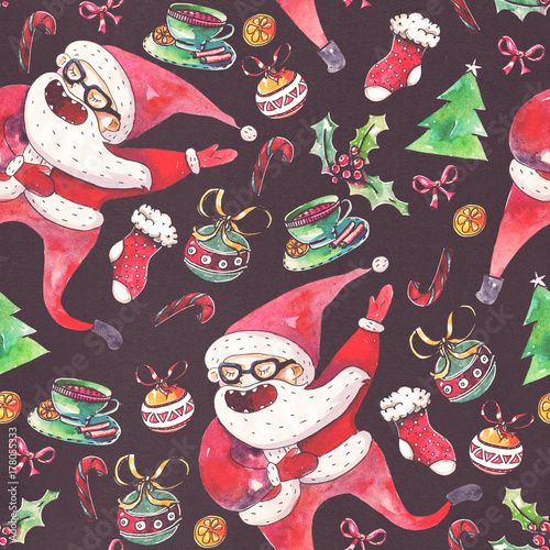 large raster seamless pattern with dancing santa, christmas tree and holiday accessories drawn with watercolor on black paper.