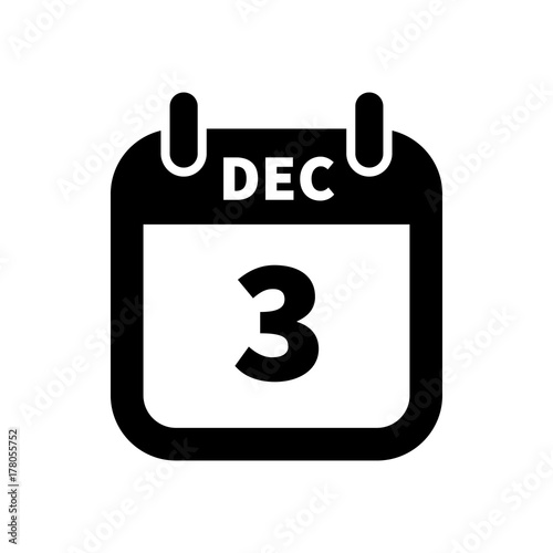 Simple black calendar icon with 3 december date isolated on white