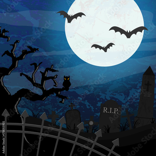 Halloween graveyard and bats in front of full moon