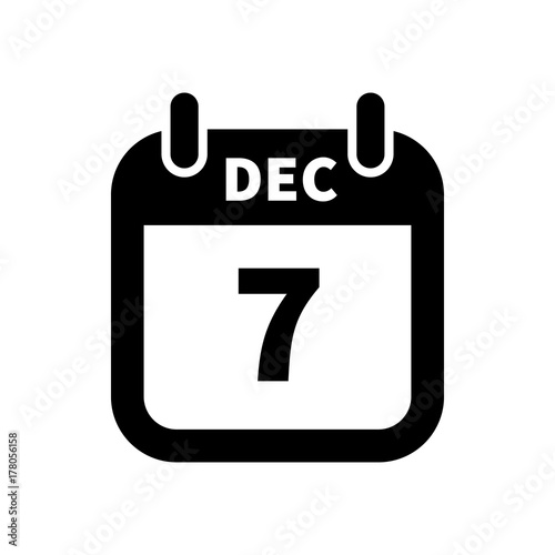 Simple black calendar icon with 7 december date isolated on white