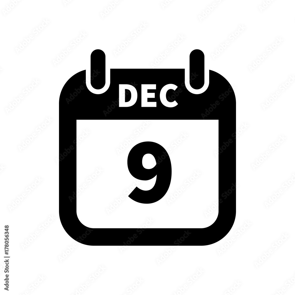 Simple black calendar icon with 9 december date isolated on white