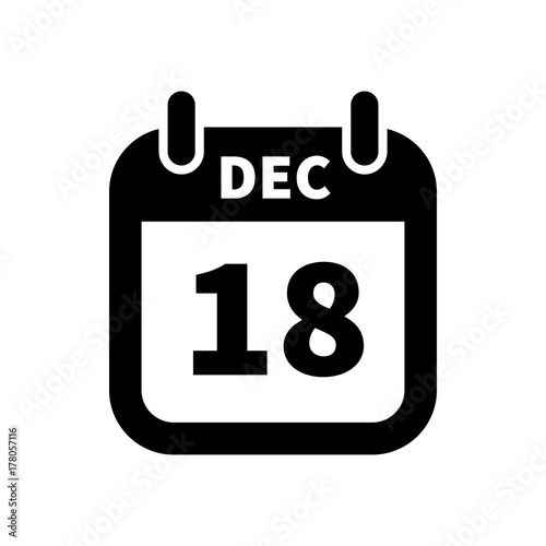 Simple black calendar icon with 18 december date isolated on white