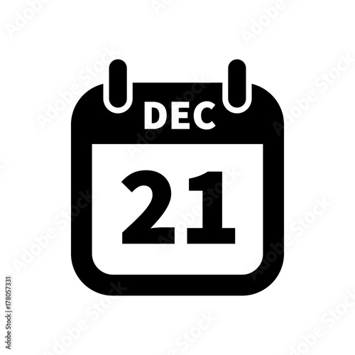 Simple black calendar icon with 21 december date isolated on white