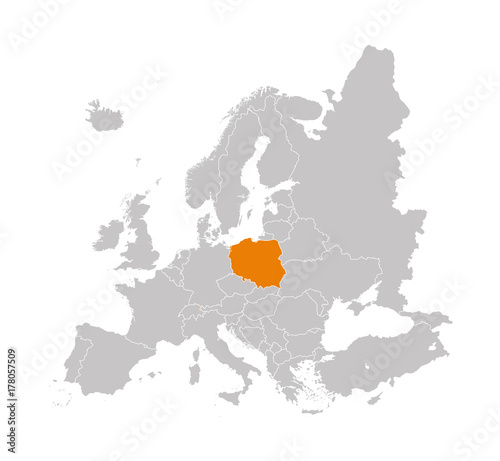 Territory of Poland on Europe map on a white background