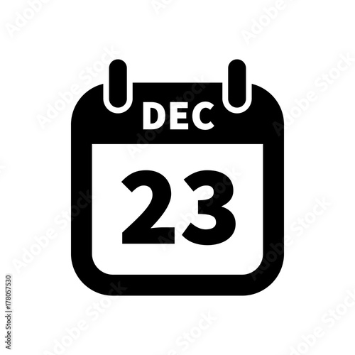 Simple black calendar icon with 23 december date isolated on white