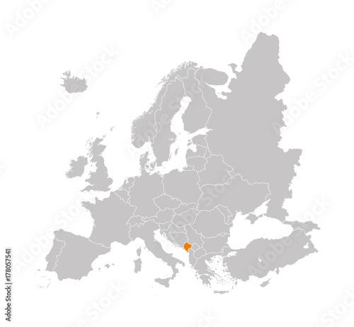 Territory of Montenegro on Europe map on a white background