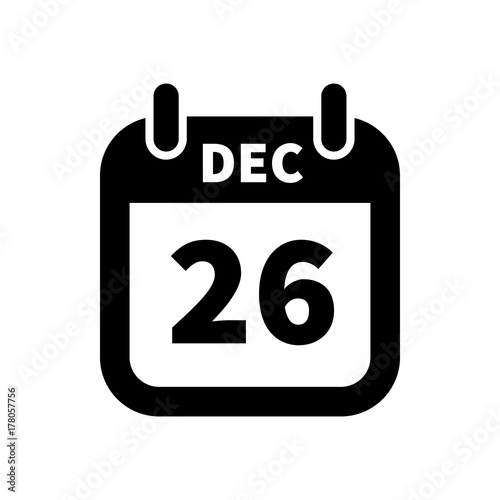 Simple black calendar icon with 26 december date isolated on white