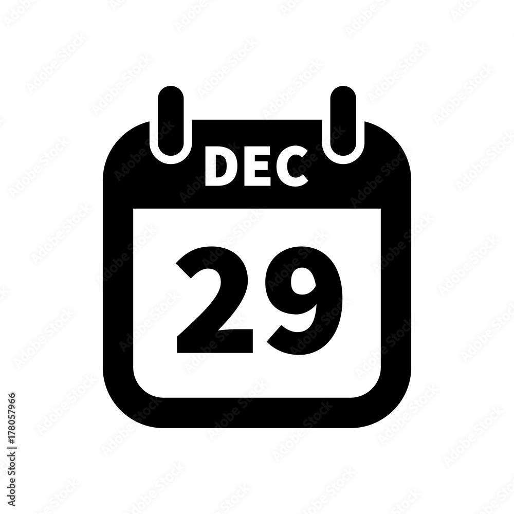 Simple black calendar icon with 29 december date isolated on white