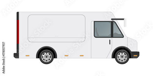 White food truck vector mock up template. Side view of realistic modern delivery service vehicle isolated on white background. Can be used for branding, logo placement, advertising