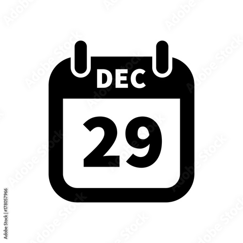 Simple black calendar icon with 29 december date isolated on white