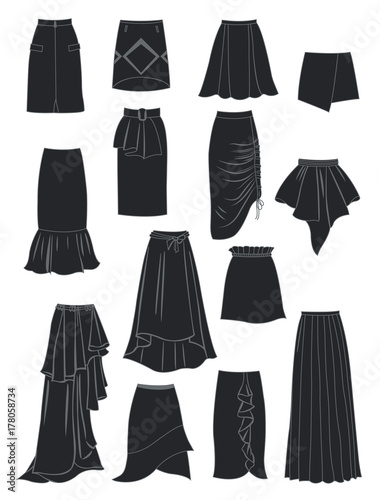 Silhouettes of skirts with asymmetry and folds