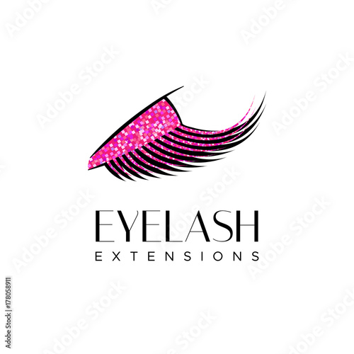 Eyelash extension logo. Makeup with pink glitter. Vector illustration in a modern style