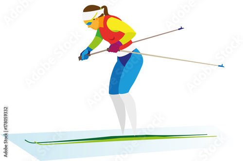 young woman is skier racer who starts at a sprint race