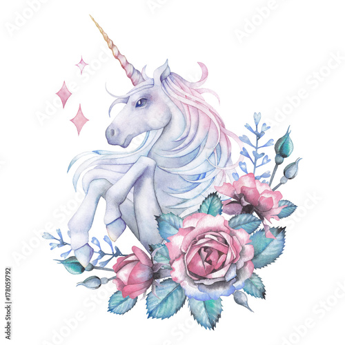 Fototapeta Watercolor design with unicorn and rose vignette