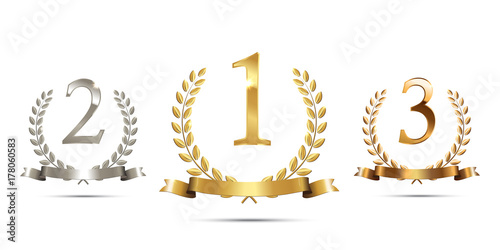Golden, silver and bronze laurel wreaths with ribbons and first, second and third place signs isolated on white background. Winner podium sports symbols. Vector illustration.