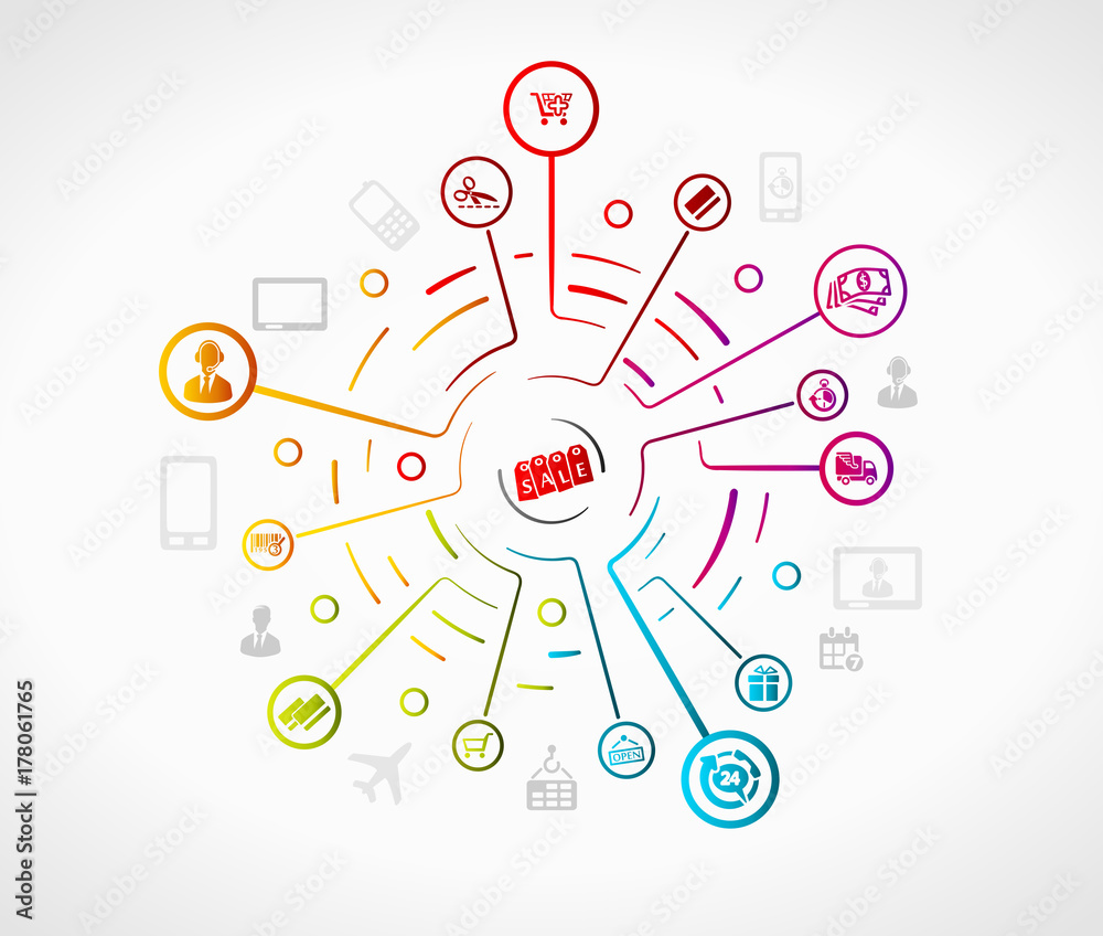 E-commerce concept illustration with colorful icons over grid E-commerce concept illustration with colorful icons over grid