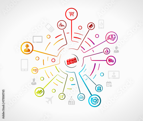 E-commerce concept illustration with colorful icons over grid 