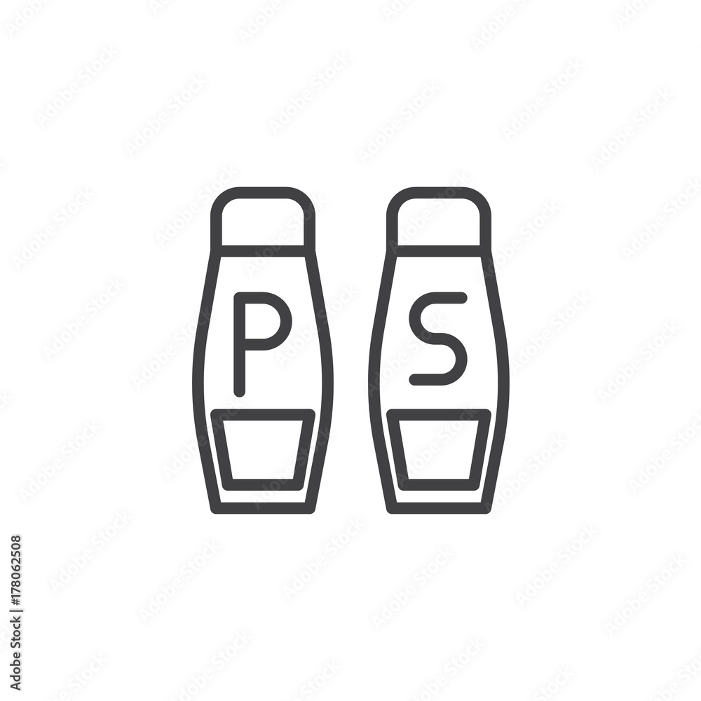 Salt and pepper shakers line icon, outline vector sign, linear style pictogram isolated on white. Seasoning symbol, logo illustration. Editable stroke Salt and pepper shakers line icon, outline vector sign, linear style pictogram isolated on white. Seasoning symbol, logo illustration. Editable stroke