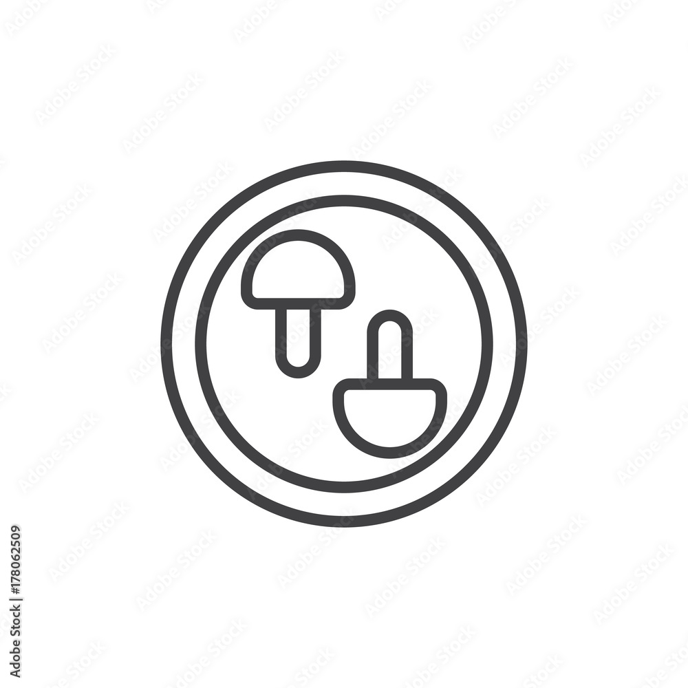 Mushrooms on plate line icon, outline vector sign, linear style pictogram isolated on white. Vegetarian food symbol, logo illustration. Editable stroke Mushrooms on plate line icon, outline vector sign, linear style pictogram isolated on white. Vegetarian food symbol, logo illustration. Editable stroke