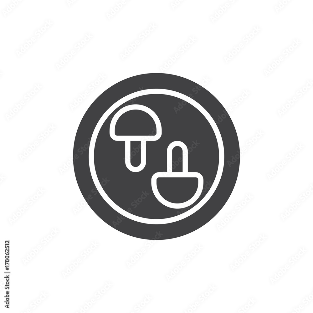 Mushrooms on plate icon vector, filled flat sign, solid pictogram isolated on white. Vegetarian food symbol, logo illustration. Mushrooms on plate icon vector, filled flat sign, solid pictogram isolated on white. Vegetarian food symbol, logo illustration.