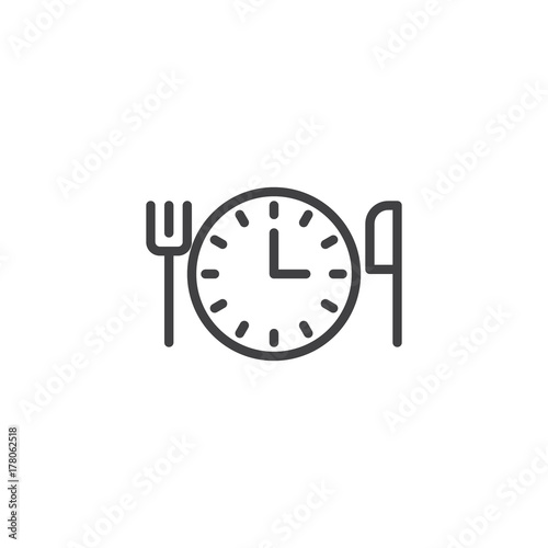 Clock with fork and knife line icon, outline vector sign, linear style pictogram isolated on white. Time for lunch symbol, logo illustration. Editable stroke