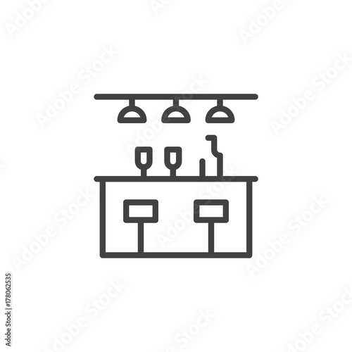 Bar counter with a bottle and glasses line icon, outline vector sign, linear style pictogram isolated on white. Symbol, logo illustration. Editable stroke