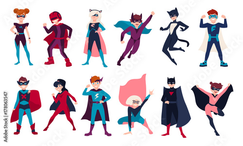 Bundle of kids superheroes. Bundle of boys and girls with super powers. Set of children cartoon or comic characters wearing tight-fitting costumes and capes. Colorful flat vector illustration.