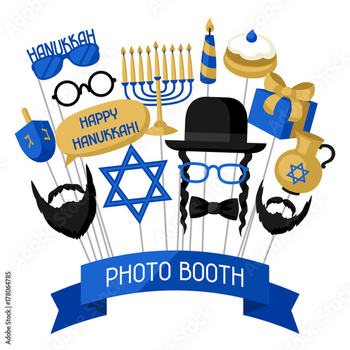 Happy Hanukkah photo booth props. Accessories for festival and party
