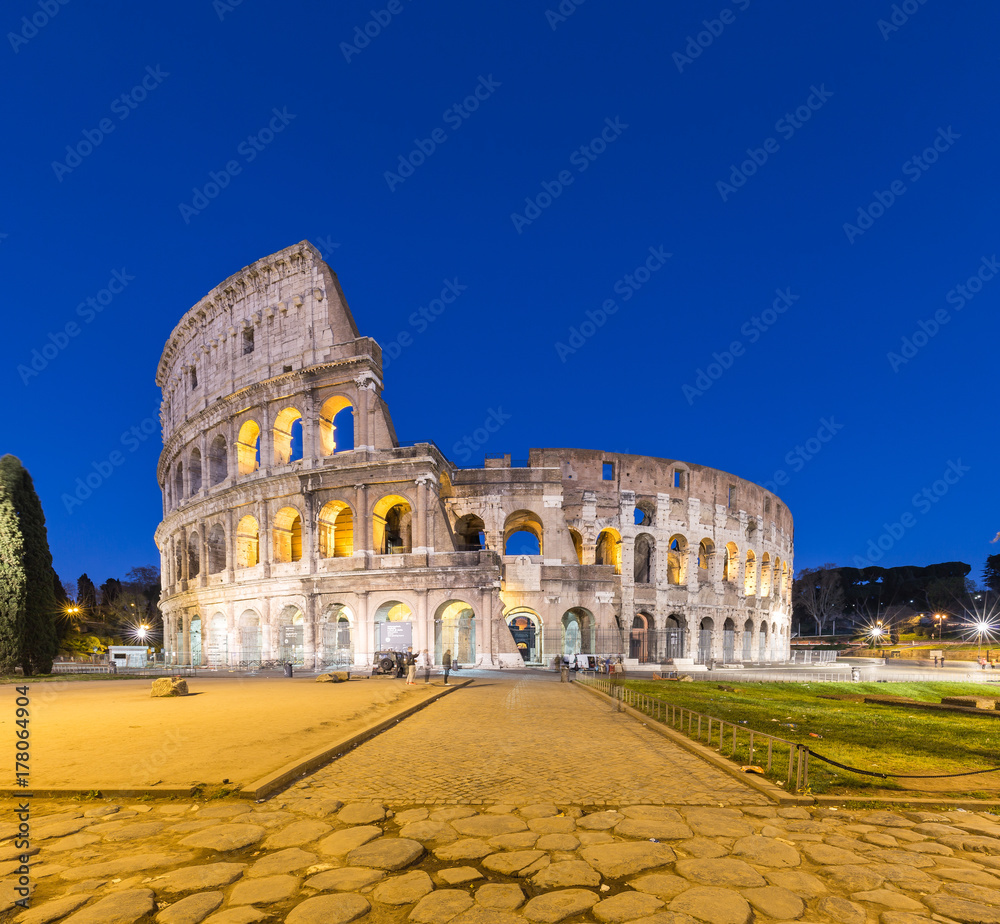 Rome city view of Colosseum at night in Rome, Italy