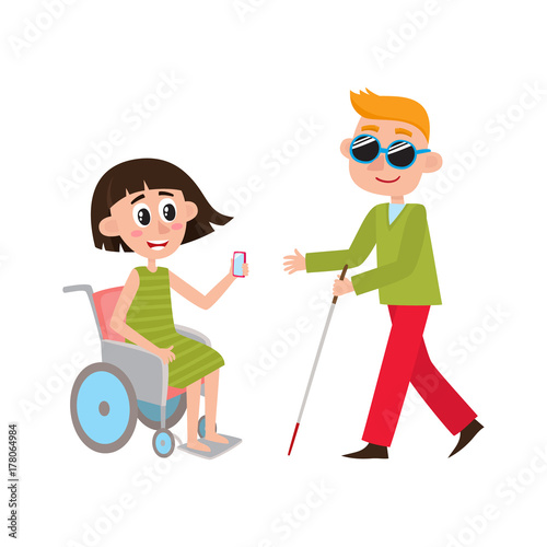 Woman sitting in wheelchair and blind man with walking cane, cartoon vector illustration isolated on white background. Cartoon, comic style people with disabilities - woman in wheelchair, blind man