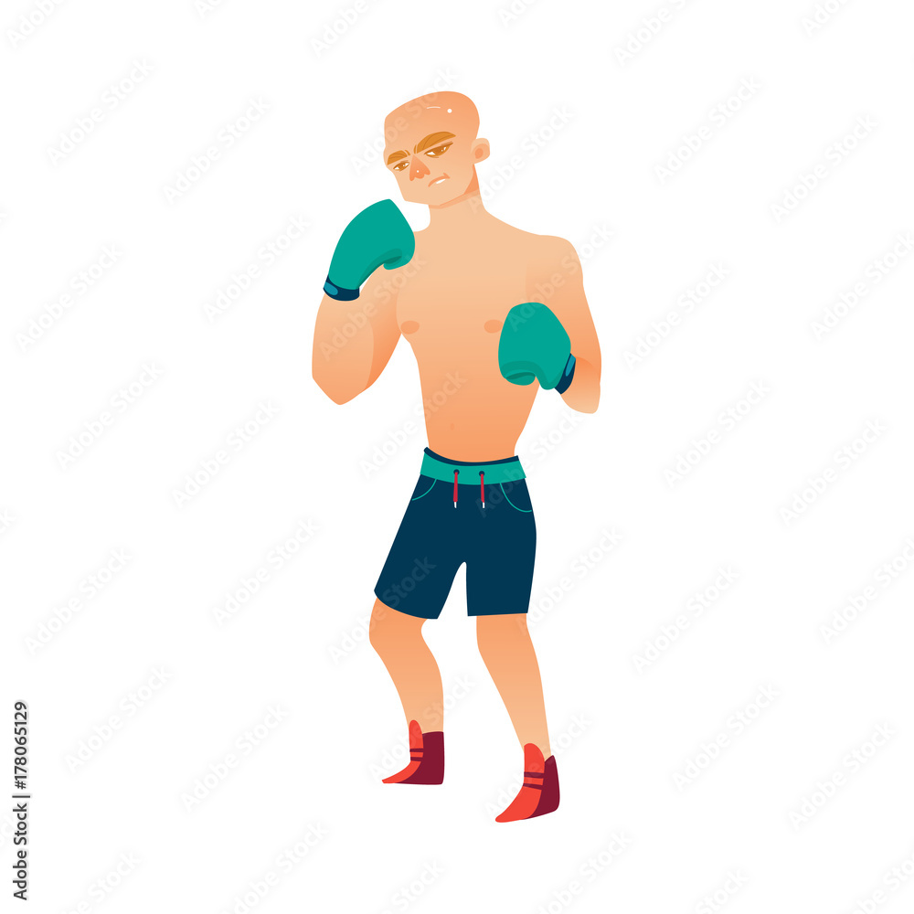 vector cartoon stylized brutal thin, ordinary man bare torso and chest in boxing stand with green box gloves ready to fight in blue shorts. Isolated illustration on a white background. vector cartoon stylized brutal thin, ordinary man bare torso and chest in boxing stand with green box gloves ready to fight in blue shorts. Isolated illustration on a white background.