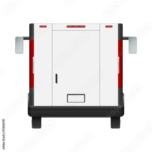 White food truck vector mock up template. Rear view of realistic modern delivery service vehicle isolated on white background. Can be used for branding, logo placement, advertising