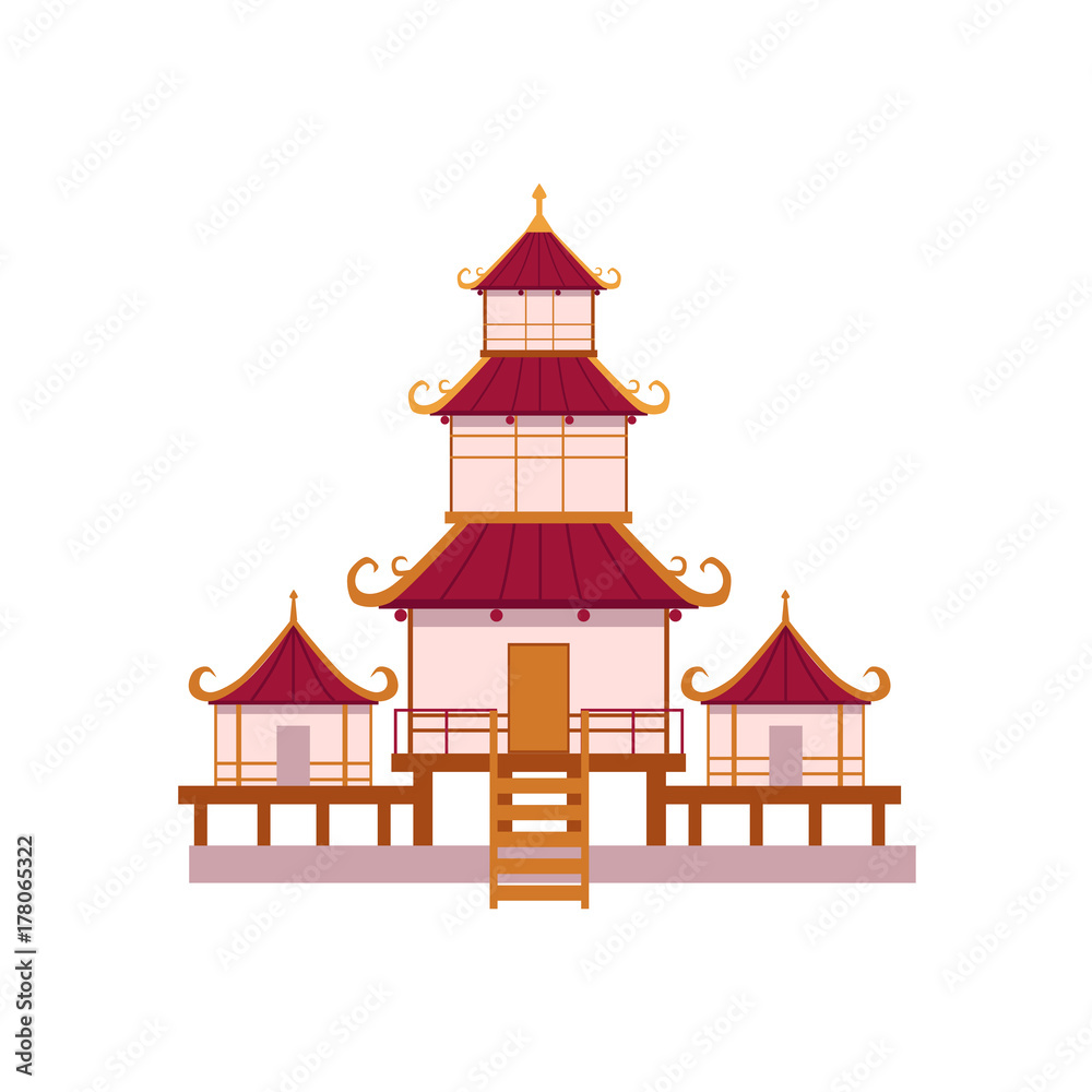 Flat style tiered Japanese, Chinese, Asian traditional pagoda building, front view cartoon vector illustration isolated on white background. Traditional Japanese, Chinese, Asian pagoda building