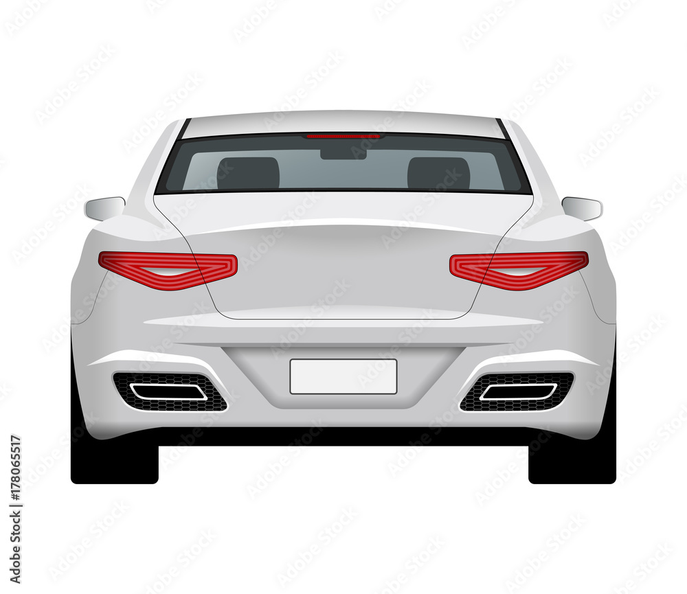 Modern generic car. Rear view of realistic detailed vector car. Middle class sedan isolated on white background.