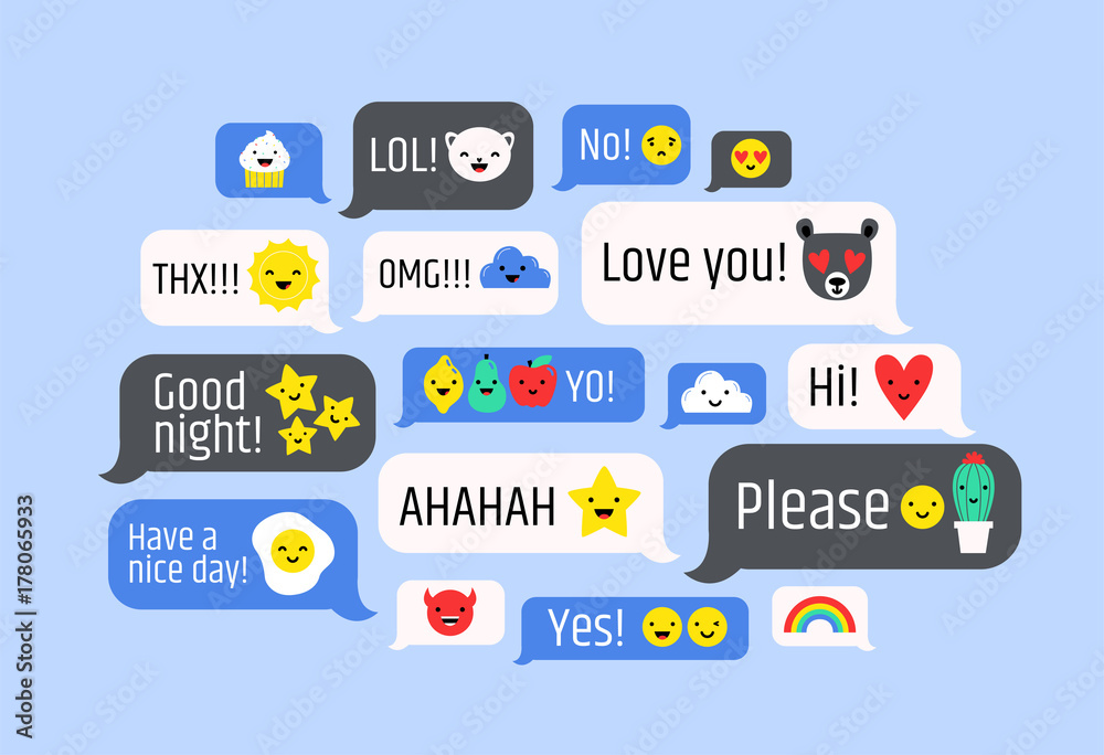 Cloud of messages with cute emoji. Speech bubbles with text and smileys. Ideograms or funny symbols to express different emotions in electronic chatting or messaging. Colorful vector illustration.