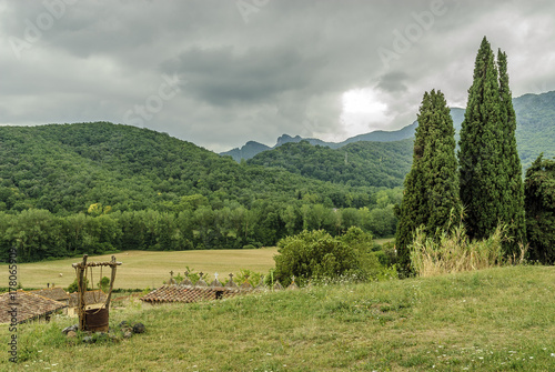 scenery of the mountains from of the medieval people of Saint Pau, Gerona, Spain.