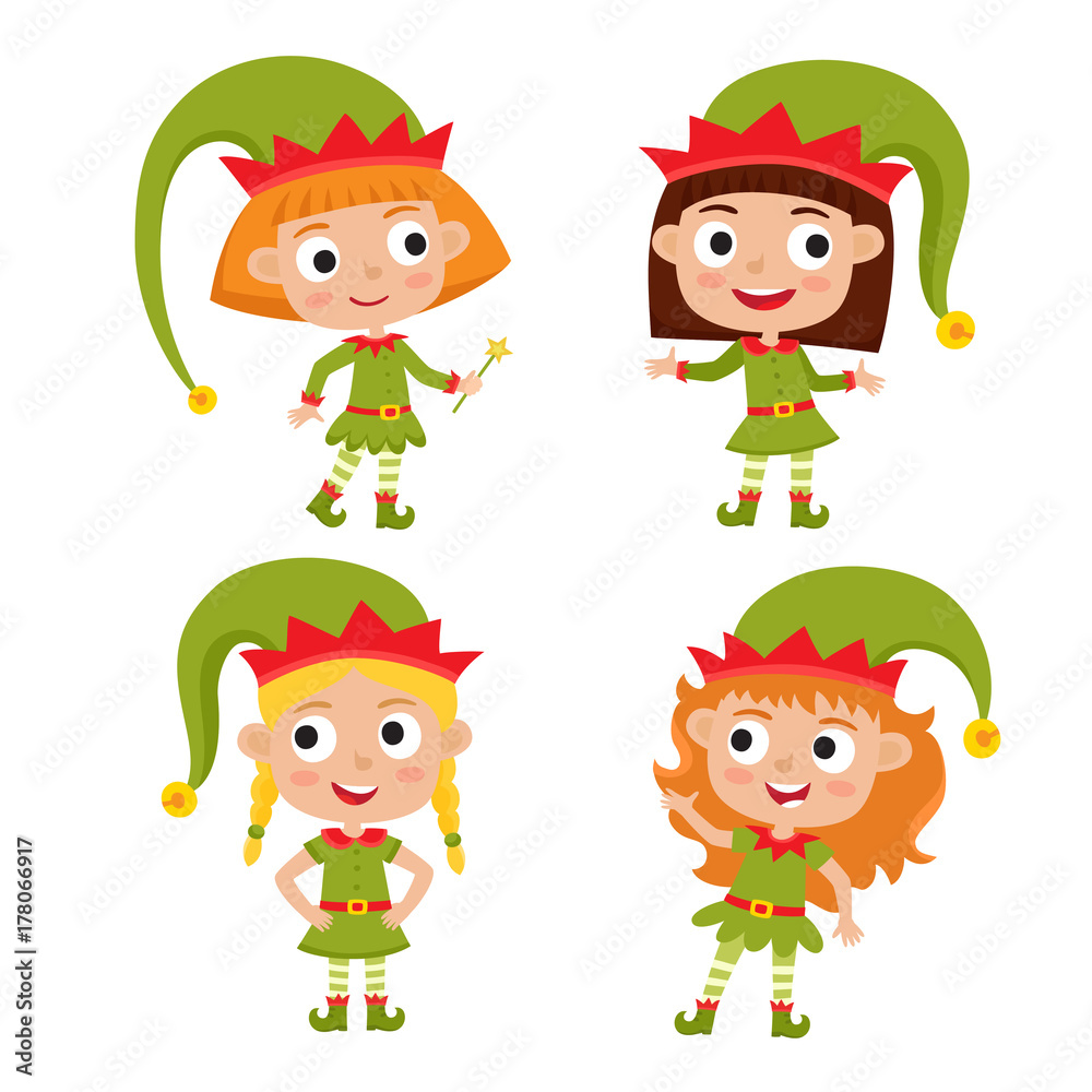 Set of cute little Christmas girls elf smiling, Set of cute little Christmas girls elf smiling,