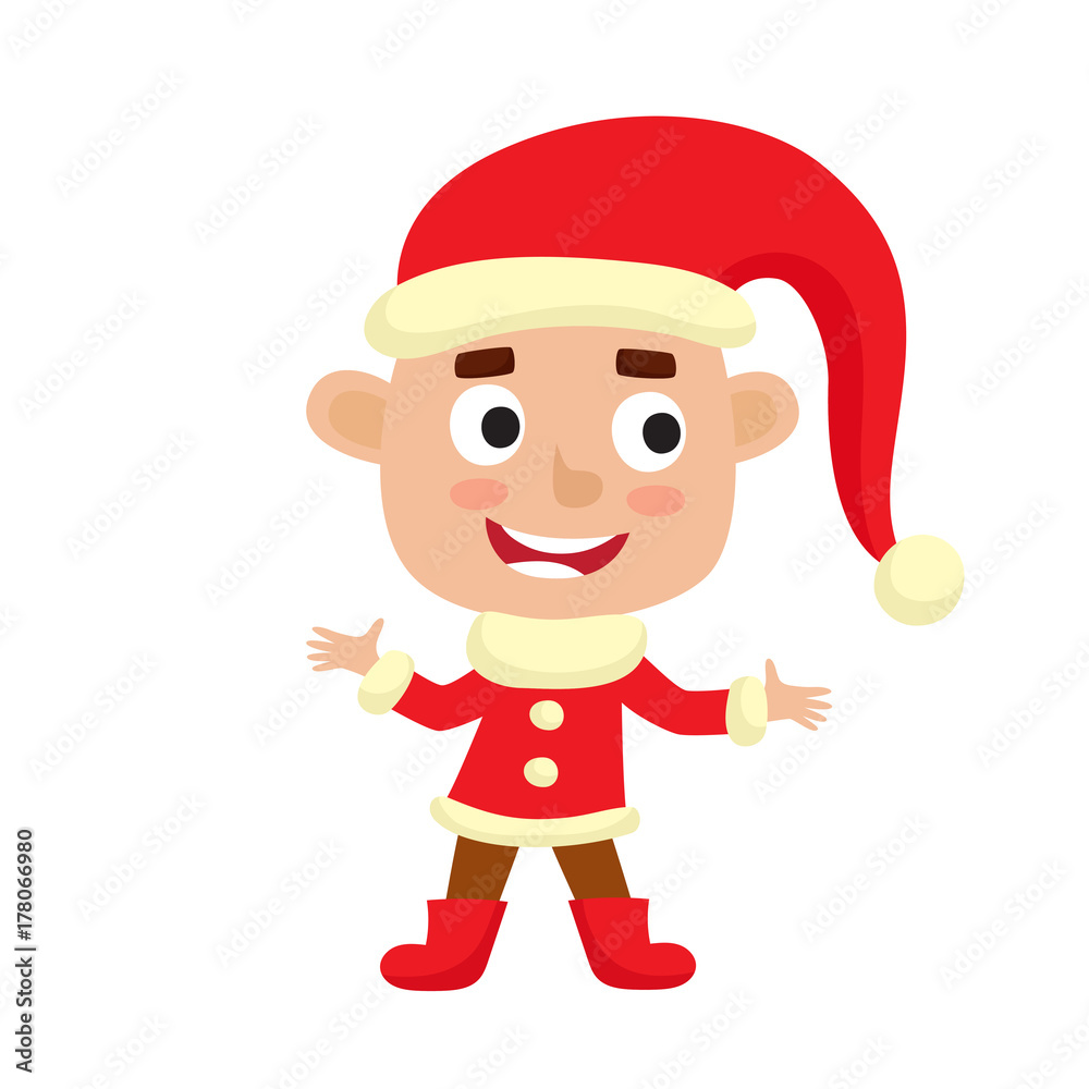Cute little Christmas boy elf smiling, vector illustration isolated on white used for magazine or book, poster and card, web pages